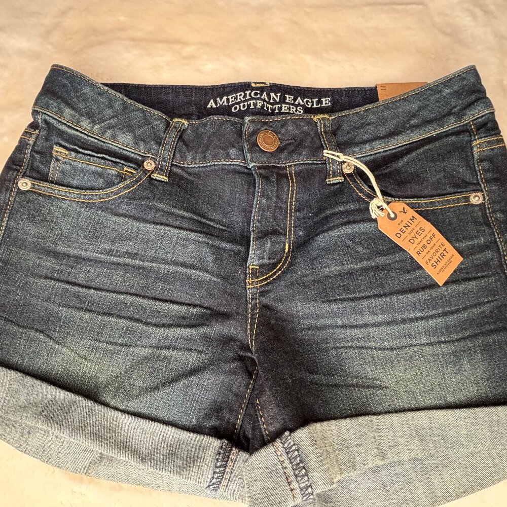 American Eagle Outfitters Women's NWT Midi Stretch Dark Wash Denim Shorts - Picture 4 of 16